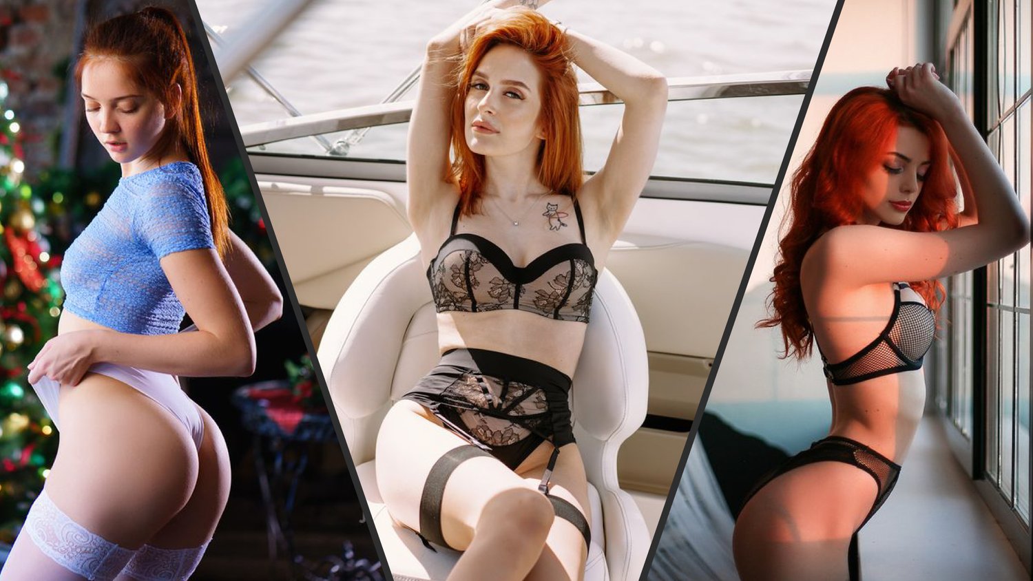 Composition of three sexy ginger camgirls featuring sloppydeep's redhead category banner