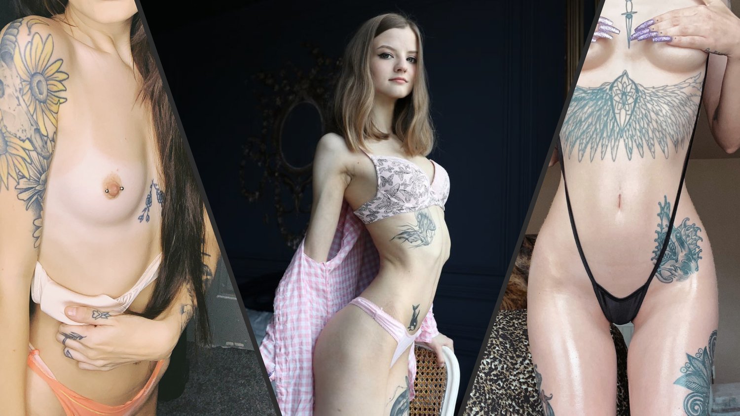 Composition of the hottest slim cam girls with tattoos featuring sloppydeep's skinny category banner